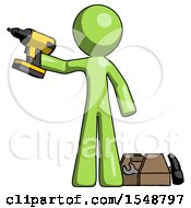 Poster, Art Print Of Green Design Mascot Man Holding Drill Ready To Work Toolchest And Tools To Right