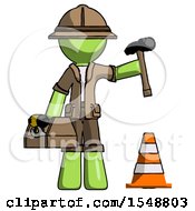 Poster, Art Print Of Green Explorer Ranger Man Under Construction Concept Traffic Cone And Tools
