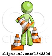 Poster, Art Print Of Green Design Mascot Woman Holding A Traffic Cone