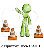 Poster, Art Print Of Green Design Mascot Woman Standing By Traffic Cones Waving