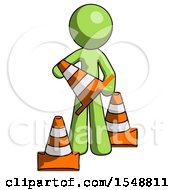 Poster, Art Print Of Green Design Mascot Man Holding A Traffic Cone