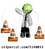 Poster, Art Print Of Green Doctor Scientist Man Standing By Traffic Cones Waving