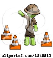Poster, Art Print Of Green Explorer Ranger Man Standing By Traffic Cones Waving