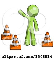 Poster, Art Print Of Green Design Mascot Man Standing By Traffic Cones Waving