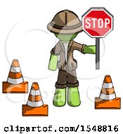 Poster, Art Print Of Green Explorer Ranger Man Holding Stop Sign By Traffic Cones Under Construction Concept