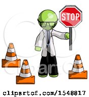 Poster, Art Print Of Green Doctor Scientist Man Holding Stop Sign By Traffic Cones Under Construction Concept