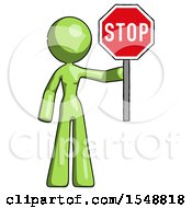Green Design Mascot Woman Holding Stop Sign