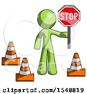 Poster, Art Print Of Green Design Mascot Man Holding Stop Sign By Traffic Cones Under Construction Concept