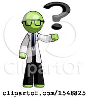 Poster, Art Print Of Green Doctor Scientist Man Holding Question Mark To Right