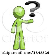 Poster, Art Print Of Green Design Mascot Man Holding Question Mark To Right