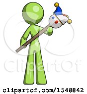 Poster, Art Print Of Green Design Mascot Woman Holding Jester Diagonally