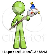 Poster, Art Print Of Green Design Mascot Man Holding Jester Diagonally