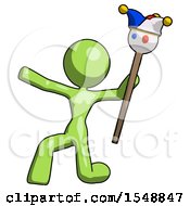 Green Design Mascot Woman Holding Jester Staff Posing Charismatically