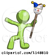 Green Design Mascot Man Holding Jester Staff Posing Charismatically