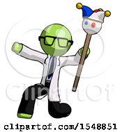Green Doctor Scientist Man Holding Jester Staff Posing Charismatically