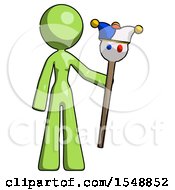 Green Design Mascot Woman Holding Jester Staff