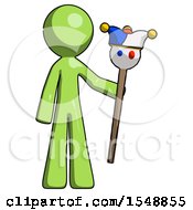 Poster, Art Print Of Green Design Mascot Man Holding Jester Staff