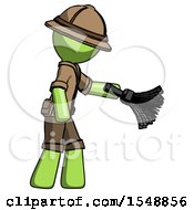 Poster, Art Print Of Green Explorer Ranger Man Dusting With Feather Duster Downwards