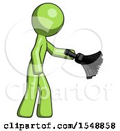 Green Design Mascot Man Dusting With Feather Duster Downwards