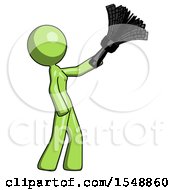 Poster, Art Print Of Green Design Mascot Woman Dusting With Feather Duster Upwards