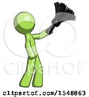 Poster, Art Print Of Green Design Mascot Man Dusting With Feather Duster Upwards