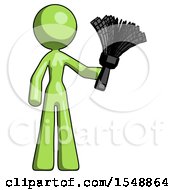 Poster, Art Print Of Green Design Mascot Woman Holding Feather Duster Facing Forward