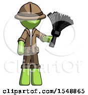 Poster, Art Print Of Green Explorer Ranger Man Holding Feather Duster Facing Forward