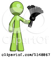 Poster, Art Print Of Green Design Mascot Man Holding Feather Duster Facing Forward