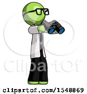 Green Doctor Scientist Man Holding Binoculars Ready To Look Right