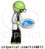 Poster, Art Print Of Green Doctor Scientist Man Looking At Large Compass Facing Right