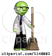 Green Doctor Scientist Man Standing With Broom Cleaning Services