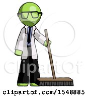 Green Doctor Scientist Man Standing With Industrial Broom
