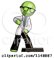 Poster, Art Print Of Green Doctor Scientist Man Cleaning Services Janitor Sweeping Floor With Push Broom