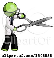 Green Doctor Scientist Man Holding Giant Scissors Cutting Out Something