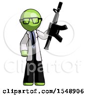 Green Doctor Scientist Man Holding Automatic Gun