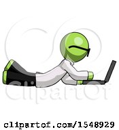 Poster, Art Print Of Green Doctor Scientist Man Using Laptop Computer While Lying On Floor Side View