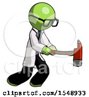 Poster, Art Print Of Green Doctor Scientist Man With Ax Hitting Striking Or Chopping
