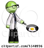 Green Doctor Scientist Man Frying Egg In Pan Or Wok Facing Right