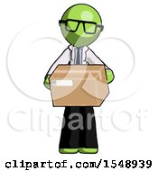Green Doctor Scientist Man Holding Box Sent Or Arriving In Mail