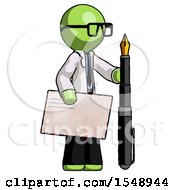 Poster, Art Print Of Green Doctor Scientist Man Holding Large Envelope And Calligraphy Pen