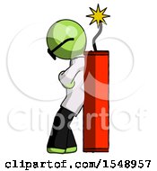 Poster, Art Print Of Green Doctor Scientist Man Leaning Against Dynimate Large Stick Ready To Blow