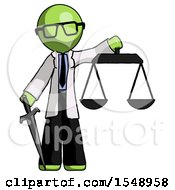 Poster, Art Print Of Green Doctor Scientist Man Justice Concept With Scales And Sword Justicia Derived