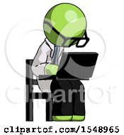 Poster, Art Print Of Green Doctor Scientist Man Using Laptop Computer While Sitting In Chair Angled Right