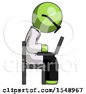 Poster, Art Print Of Green Doctor Scientist Man Using Laptop Computer While Sitting In Chair View From Side