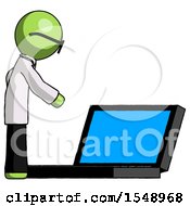 Poster, Art Print Of Green Doctor Scientist Man Using Large Laptop Computer Side Orthographic View