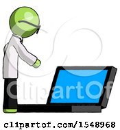 Green Doctor Scientist Man Using Large Laptop Computer Side Orthographic View