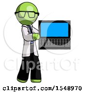 Poster, Art Print Of Green Doctor Scientist Man Holding Laptop Computer Presenting Something On Screen