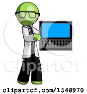 Green Doctor Scientist Man Holding Laptop Computer Presenting Something On Screen