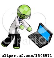 Green Doctor Scientist Man Throwing Laptop Computer In Frustration