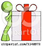 Green Design Mascot Woman Gift Concept Leaning Against Large Present